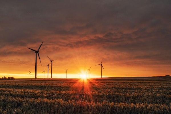 Wind turbines at sunset